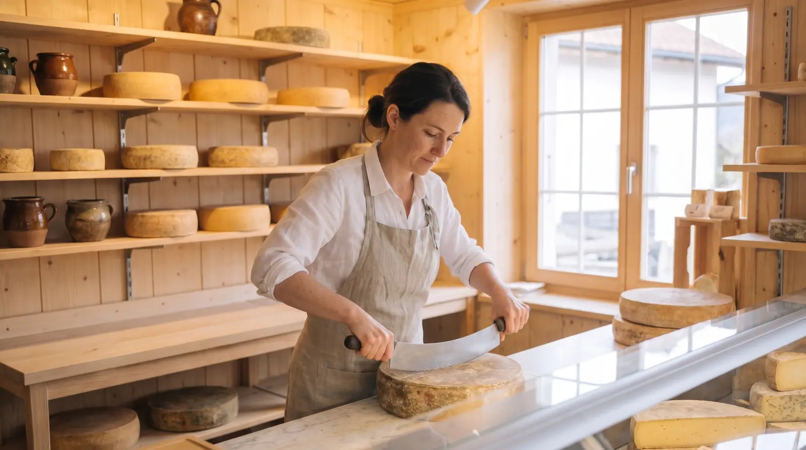 Le fromager coupe une meule au couteau sur le comptoir